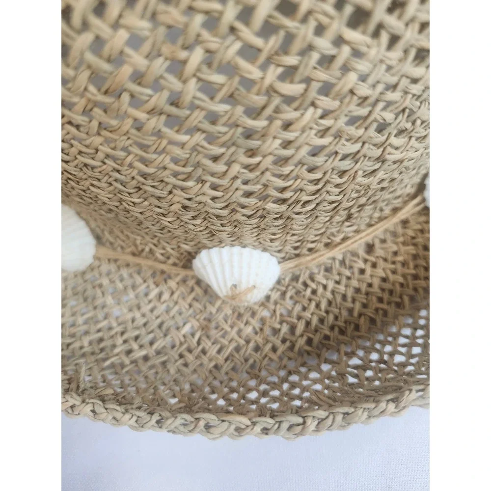 Woven Straw Beach Sun Hat with Seashell Detail Natural Tan Boho Summer Accessory